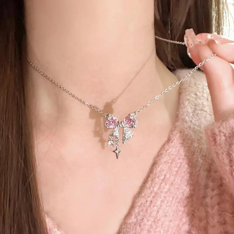 New design bow pink Danburite cross pendant necklace